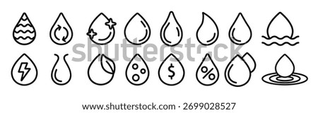 Water Drop Vector Thin Line Icons Set. Water Drop with Dollar, Percentage, Recycling Sign Linear Pictogram. Watering Crops in Agriculture, Sustainable Use, Dirty, Polluted Liquid Contour Illustrations