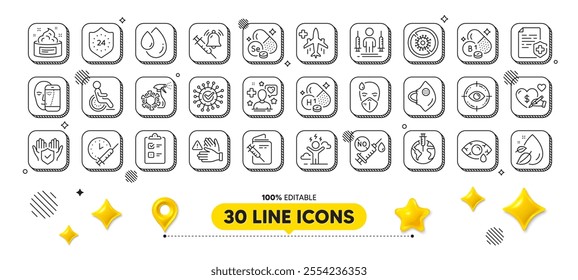 Water drop, Vitamin h1 and Medical certificate line icons pack. 3d design elements. Vaccination schedule, Skin cream, Stop coronavirus web icon. Vector