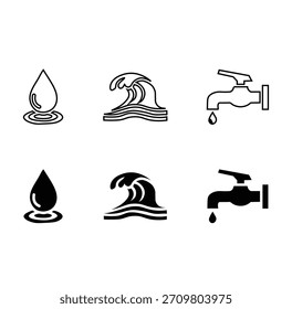 Gota de agua y línea de onda Icon Set Faucet, líquido, Vector de agua limpia