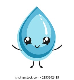 Water drop waving his hands in friendly manner, cute character. Vector illustration of funny blue aqua mascot. Cartoon cold clear raindrop or splash of liquid isolated on white