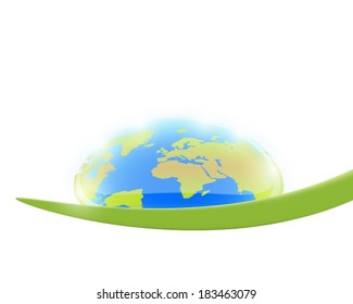 Water drop with world globe inside on a leaf