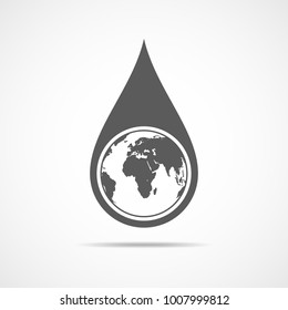 Water drop with a world map in flat design. Vector illustration. Earth globe inside in the drop of the rain