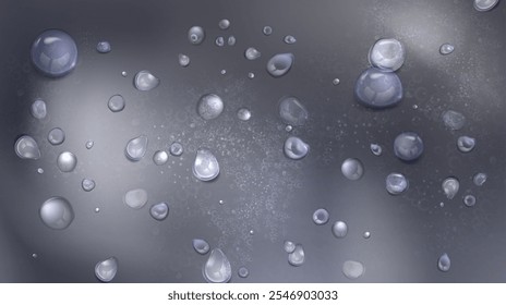 Water droplet background. Dew splash on window glass vector. 3d realistic raindrop texture or shower macro pattern with light. Fuzzy mineral illustration with pure spray condensation dark design