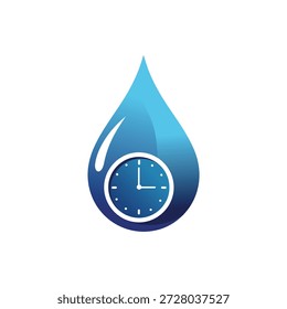 Wassertropfen mit Uhr, Zeit- und Wasserkonzept, Farbverlauf-blaues Symbol, minimalistisches Naturschutzsymbol