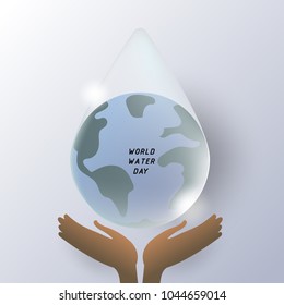 water droplet cover around earth with hands carrying on white gradient background,vector illustration,world water day text