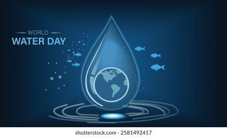 A water droplet with the Earth and aquatic life to represent World Water Day, highlighting the importance of water conservation and the protection of aquatic ecosystems.