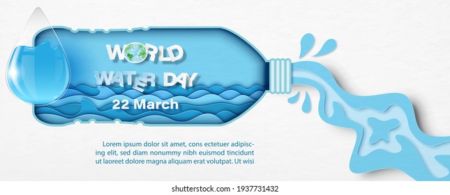 Water Droplet In Glass Style With The Day And Name Of Event On Water And Bottle Shape Isolate On White Paper Pattern Background. World Water Day's Poster Campaign In Paper Cut Style And Vector Design.