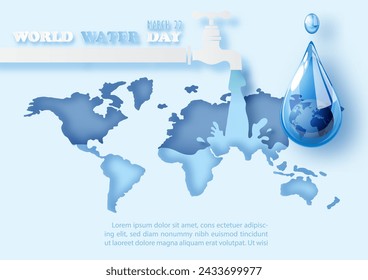 Gota de agua en estilo de vidrio con letras del día mundial del agua y agua de apertura del grifo de agua en el estilo de corte de papel del mapa del mundo y fondo de patrón de papel azul.