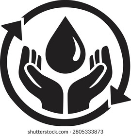 Water droplet held by hands with recycling arrows black silhouette