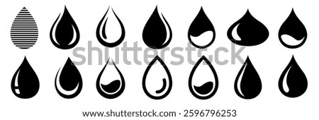 Water droplet icon set. Water drop logo. Black and blue water drop icons on white background. Splash water, milk, yogurt or cream. Vector illustration