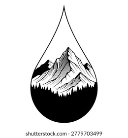 Water droplet with mountain and forest inside