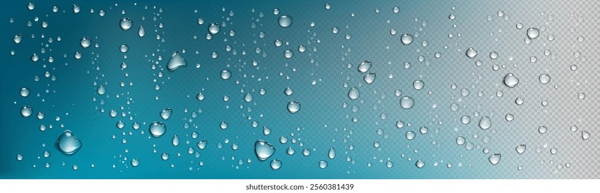 Water droplet on glass background. Rain drop transparent texture on window isolated png. Realistic condensation bubble splash on surface 3d bg. Abstract clean moisture or serum waterdrop fall view