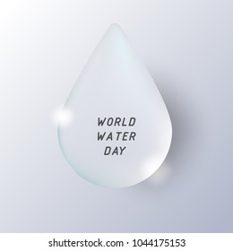 Gotas de agua sobre fondo de gradiente blanco con texto, ilustración vectorial. Día mundial del agua.