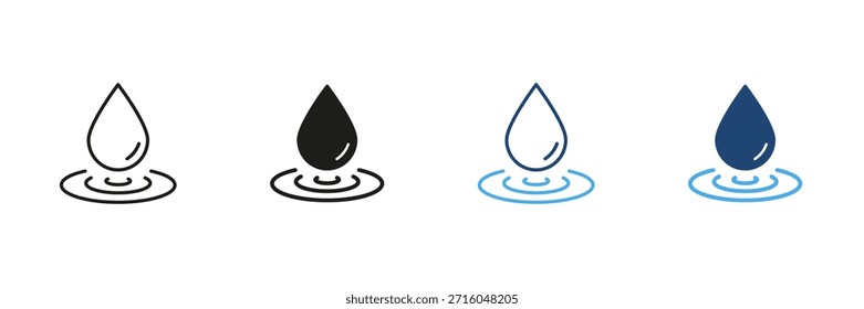 Water Droplet With Ripples Line And Solid Icon Set. Hydration, Purity, And Fluid Dynamics Outline And Silhouette Symbol Collection. Water Conservation And Cleanliness. Isolated Vector Illustration.
