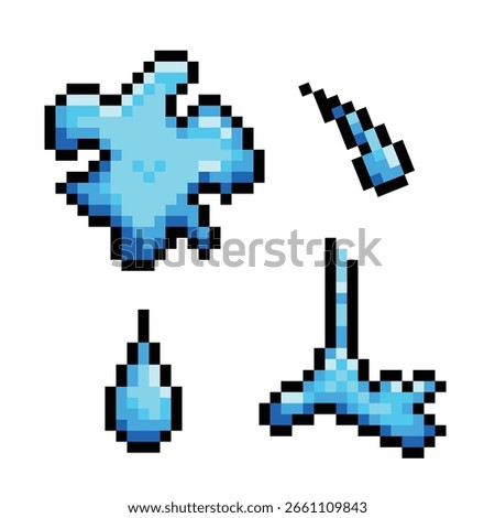 Water droplet, splash, and puddle pixel game 8 bit styled colorful cartoon illustration bundle set isolated on white background.