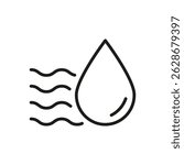 Water Droplet With Waves Line Icon. Humidity, Moisture, And Air Quality Control Outline Symbol. Environmental Monitoring And Climate Regulation. Editable Stroke. Isolated Vector Illustration.