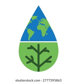 A water droplet with a world map and tree inside, symbolizing environmental conservation and global ecology efforts.