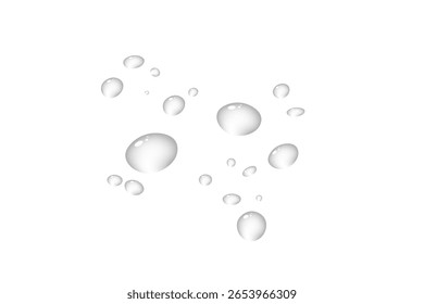 Gotas De Água, Bolhas, Líquido, Transparente, Cinza, Fundo Branco, Espalhado, Redondo, Esferas