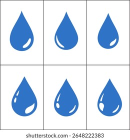 Water Droplets Collection Ícones azuis limpos no fundo da grade branca.