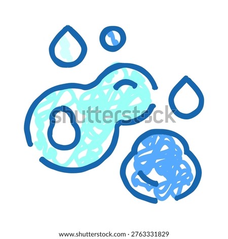 Water droplets falling around soap suds and foam on white background, minimalist blue line art illustration evoking washing, cleansing, hygiene, sanitation, and freshness