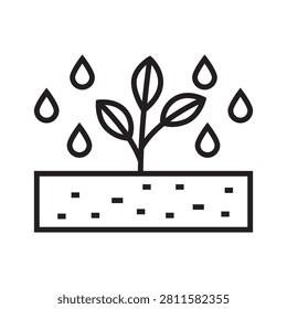 Water droplets falling on a growing plant line icon. Irrigation, gardening, and agriculture growth concept.
