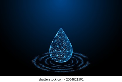 Water droplets falling with ripples on a dark blue background. Low poly style design. modern wire mesh vector illustration
