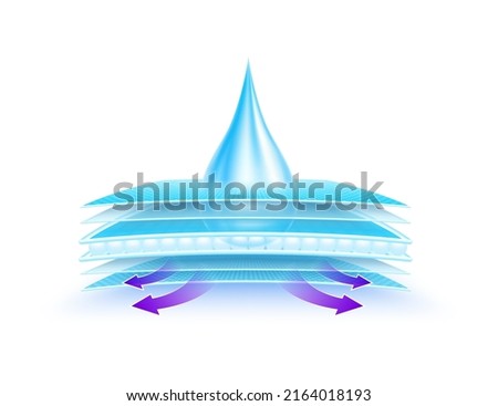 Water droplets flow through the absorbent pad close up. Sponge pads and hygroscopic tablets offering soft comfort. On a white background vector 3D. Can used for advertising diapers, sanitary napkins.
