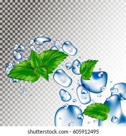 Water droplets and mint leaves. Blows and drops. Freshness of water. Realistic vector 3d illustration.