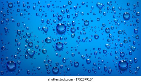 Water droplets on blue background. Vector realistic illustration of condensation of steam in shower or fog on wet blue surface, clear aqua drops from dew or rain