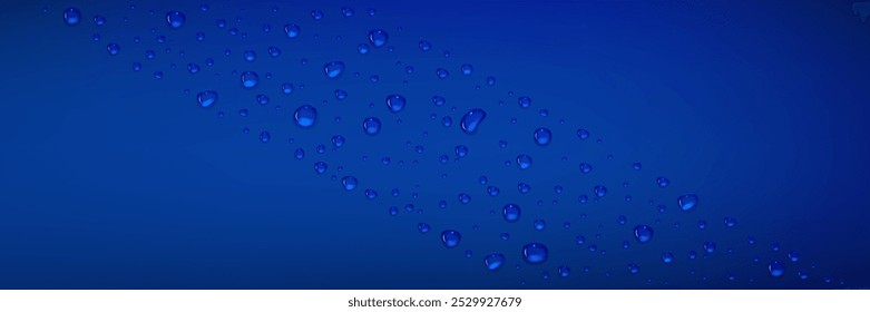 Gotas de água em uma superfície brilhante azul escura. Fundo com composição diagonal de queda de condensação. Realista ilustração vetorial 3d de dewy bg com gota de chuva líquida. Padrão com efeito úmido fresco