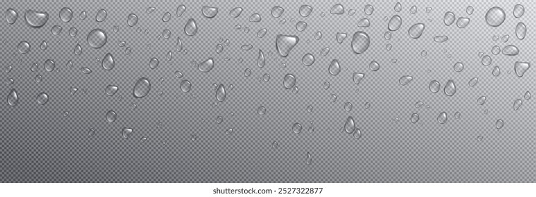 Gotas de água em vidro ou na superfície da janela. Condensação redonda cai sobre fundo transparente. Ilustração vetorial 3d realista de dewy bg com efeito úmido fresco. Limpar o padrão de gota de chuva líquida.