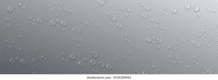 Gotas de agua en la superficie de vidrio o ventana. Gotas redondas de condensación sobre fondo transparente. Ilustración vectorial realista en 3D de bolsas de rocío con un efecto fresco y húmedo. Patrón de gota de lluvia líquida limpia.