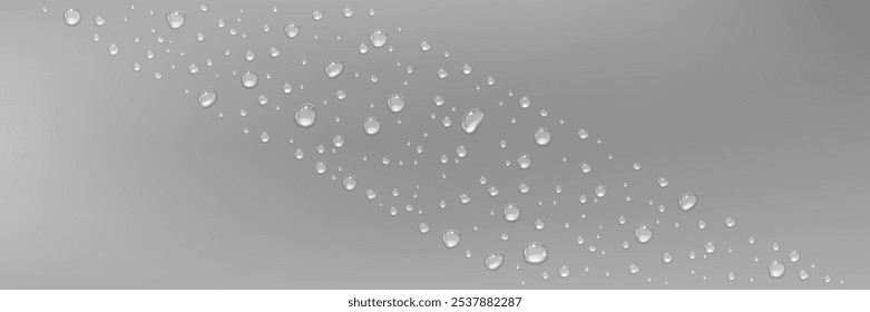 Gotas de água em superfície cinzenta brilhante. Fundo com composição diagonal de queda de condensação. Realista ilustração vetorial 3d de dewy bg com gota de chuva líquida. Padrão com efeito úmido fresco