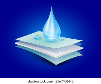 Water droplets on gypsum board close up. Texture construction material synthetic fiber with moisture proof insulation, waterproofing. Vector 3D. Product labels for industrial advertising.