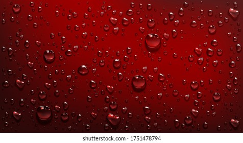 Water droplets on red background. Vector realistic illustration of condensation of steam in shower or fog on wet red surface, clear aqua drops from dew or rain