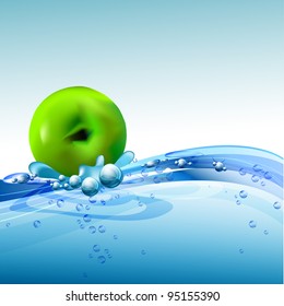 Water droplets on water surface. Apple floats in water. Vector illustration. Part of set.