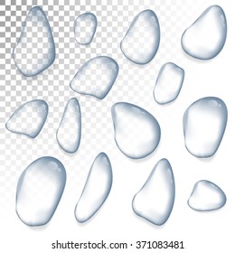 water droplets on a transparent background. Glossy liquid vector drops, web design element.