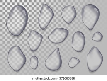 water droplets on a transparent background. Glossy liquid vector drops, web design element.