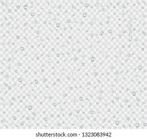 Water droplets of rain or spray isolated on transparent background. Condensate vapor on the glass. Vector illustration.