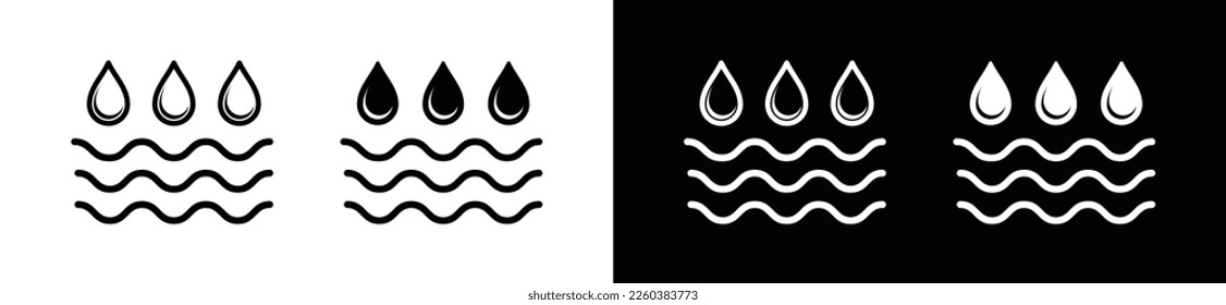 Wassertropfen oder Regentropfen über dem Wellen-Symbol. Wasser fällt über das Meer oder die Ozeanwellen. Line Art of wave and blue water dropsymbol, Vektorgrafik