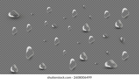 Water droplets scattered on a transparent background or smooth grey surface. Transparent drops and puddles of different sizes reflecting light .Realistic 3d vector banner with raindrops. PNG