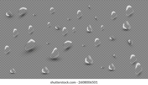 Water droplets scattered on a transparent background or smooth grey surface. Transparent drops and puddles of different sizes reflecting light .Realistic 3d vector banner with raindrops. PNG