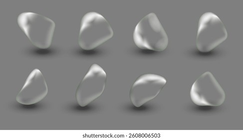 Water droplets scattered on a transparent background or smooth grey surface. Transparent drops and puddles of different sizes reflecting light .Realistic 3d vector banner with raindrops. PNG
