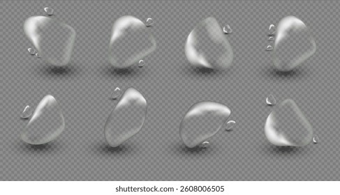 Water droplets scattered on a transparent background or smooth grey surface. Transparent drops and puddles of different sizes reflecting light .Realistic 3d vector banner with raindrops. PNG