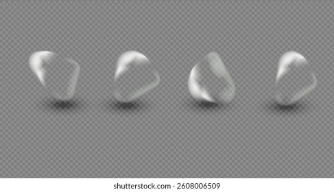Water droplets scattered on a transparent background or smooth grey surface. Transparent drops and puddles of different sizes reflecting light .Realistic 3d vector banner with raindrops. PNG