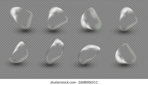 Water droplets scattered on a transparent background or smooth grey surface. Transparent drops and puddles of different sizes reflecting light .Realistic 3d vector banner with raindrops. PNG