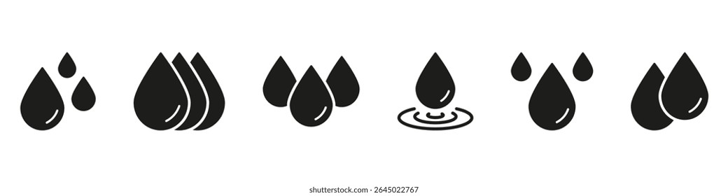 Conjunto De Ícones Sólidos De Gotas De Água. Coleção De Símbolos De Silhueta De Hidratação, Pureza E Dinâmica De Fluidos. Conservação Da Água E Sensibilização Ambiental. Ilustração de vetor isolada.
