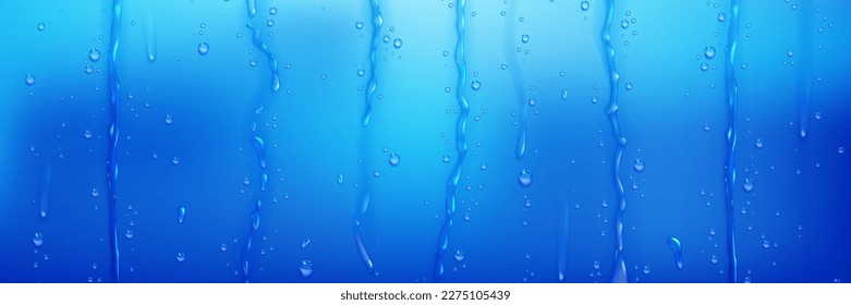 Water droplets and streams on blue surface. Vector realistic illustration of wet shower glass with drops and steam. Raindrops on window. Abstract pattern with transparent liquid bubbles, condensation