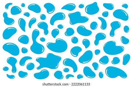 Water drops abstract background. Paint blue streaks. Spill, spots and splashes of water, current liquid drop. Isolated silhouette on white background. Vector illustration