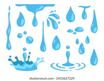 Water drops. Abstract nature blue falling pure drop. Raindrops. Watering motion shape water. Puddle, dropping splash, liquid flow. Juice and drinks. Vector collection. Cartoon clean isolated droplets